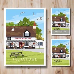 May include: A colorful illustration of the Ferry Boat Inn pub in Felixstowe, Suffolk. The pub is a white building with a red sign that says "Ferry Boat Inn". There are people sitting outside the pub at tables. There are also seagulls flying in the sky.