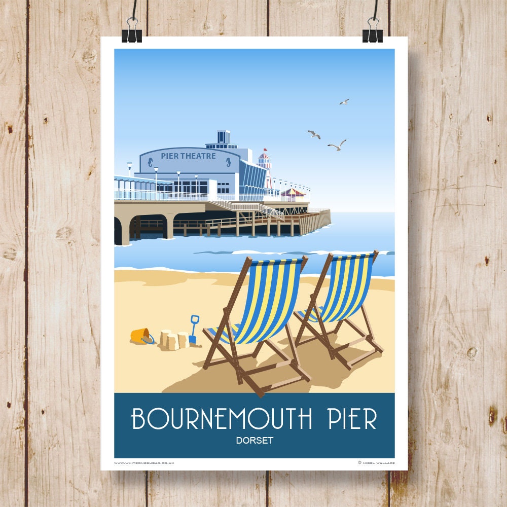 BOURNEMOUTH Pier and Deck Chairs on the Beach Dorset. A4 A3 - Etsy UK