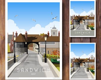 Sandwich Bridge  Kent, Print, Travel Portrait,  Retro, Art Deco