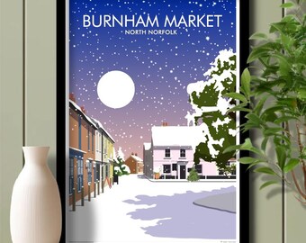 Snow in Burnham Market, North Norfolk, Travel Poster, Art. Unframed print.