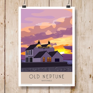 Old Neptune on the Beach at Sunset, Whitstable, Kent. A4, A3, A2, A1  Railway poster style art print. Other sizes now available