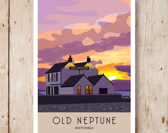 Old Neptune on the Beach at Sunset, Whitstable, Kent. A4, A3, A2, A1  Railway poster style art print
