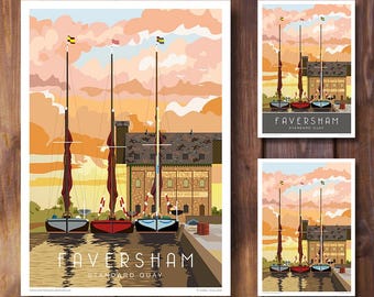 Barcazas del arroyo Faversham, al atardecer. Kent. Retrato, retro, estilo art déco. Impresión. Póster de viaje.