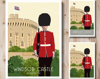 Windsor Castle, Scots Guard, Berkshire, Print, Poster, Travel Poster, Print. in Retro, Art Deco style design