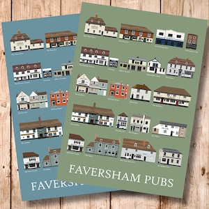 May include: A green and blue illustrated poster featuring a map of Faversham pubs. The poster lists the names of the pubs and shows a simple illustration of each pub building.