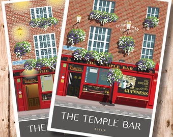 Temple Bar, Dublin, Ireland. Day & Night version. A4, A3, A2, A1 in Retro, Art Deco style design