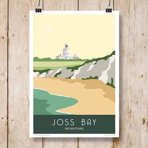 Jossbaai, Broadstairs. Reisposter van dit populaire surfstrand met krijtrotsen op de achtergrond. Beschikbare afbeeldingsformaten: A4, A3, A2, A1