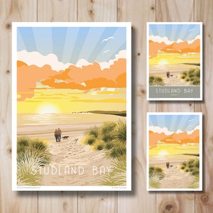 Studland Bay, Isle of Purbeck, Dorset. Second version, Sunrise. Travel Poster. Art. Portrait, in Retro, Art Deco style design, Poster, Print