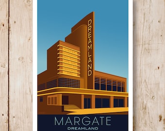Dreamland poster at Day or Night, Margate, Thanet, Kent. Travel poster, Art Deco Dreamland Building, Margate. Other sizes now available