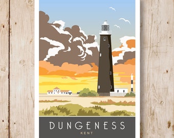 Dungeness Leuchtturm, Sonnenuntergang, Kent. A4, A3, A2, A1 Reiseposter