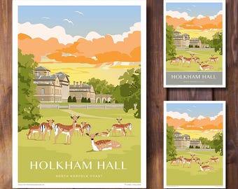 Holkham Hall Sunrise Art Print, Retro Travel Poster, North Norfolk