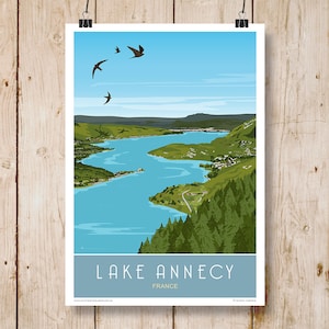 Lac d'Annecy, Haute-Savoie, France. affiche de voyage vintage de style chemin de fer. A4, A3, A2, A1