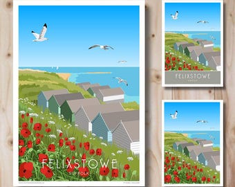 Felixstowe Beach Huts, Poppies, Travel Poster, Suffolk. Beach. Poster, Print. Travel Poster. Portrait. Art, Image