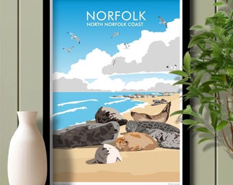 Seals Norfolk Beach, Travel Poster, Art. Unframed print.