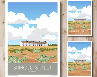 Shingle Street, Suffolk Coast. Travel Poster, Print,  Felixstowe, Retro, Art Deco style design, Print. Travel Poster Gift