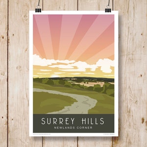 Newlands Corner, Surrey Hills, Surrey, Portrait. A4, A3, A2, A1 in Retro, Art Deco style design