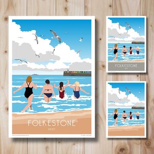 May include: A colourful illustration of four people running into the sea at a beach in Folkestone, Kent. The sky is blue with white clouds and seagulls flying overhead. The text "Folkestone, Kent" is at the bottom of the image.