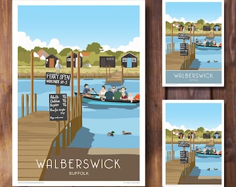 Walberswick Ferry Southwold Suffolk Coast, Travel Poster. Retro, Art Deco style design, Print