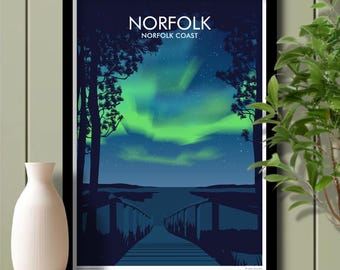 Northern Light Norfolk Beach, Travel Poster, Art. Unframed print.