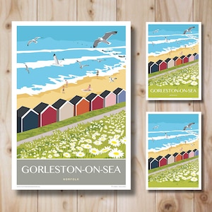Cabañas de playa de Gorleston on Sea, Great Yarmouth, costa de Norfolk. Retrato, diseño retro de estilo art déco, póster, impresión. Póster de viaje.