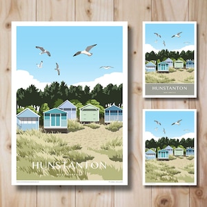 Cabañas de playa y dunas de arena de Hunstanton, póster de viaje, costa oeste de Norfolk, retrato, en diseño retro de estilo art déco.