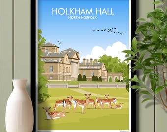 Deer Holkham Hall, Norfolk, Travel Poster, Art. Unframed print.