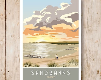 Reisposter, zandbankzonsopgang, Dorset. A4, A3, A2, A1 in retrostijl, posterontwerp in art-decostijl. Andere maten nu beschikbaar