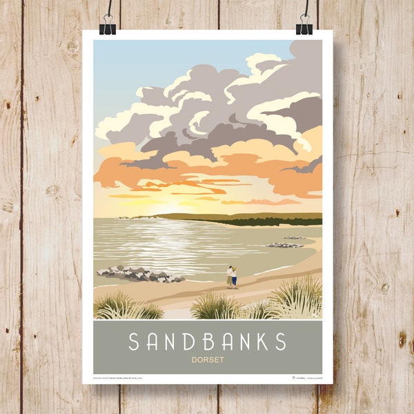 Travel Poster, Sandbanks Sunrise, Dorset. A4, A3, A2, A1 in Retro, Art Deco Railway poster style design.