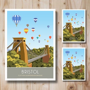Peut inclure: Une illustration colorée du pont suspendu de Clifton à Bristol, en Angleterre. Le pont est un pont suspendu avec un tablier jaune et des tours. Le pont est entouré d'arbres verts et d'un ciel bleu avec des montgolfières.