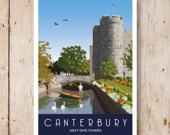 Canterbury Print. West Gate Towers, Art print travel poster, Canterbury, Kent. A4, A3, A2, A1. Stour River. Other sizes are now available