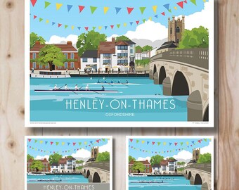 Henley-on-Thames Bunting. Oxfordshire during the Regatta. Travel Poster, Art, Print. Portrait also available