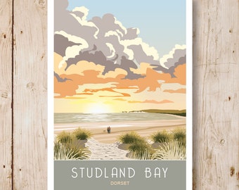 Studland Bay Sunrise Poster, Dorset. A4, A3, A2, A1 in Retro, Art Deco Railway poster style design. Other sizes now available