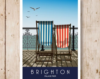 BRIGHTON. Reiseposter von Deck Chairs am Brighton Pier, Sussex. A4, A3, A2, A1