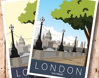 London. Art print Travel/Railway Poster of London Southbank looking towards St. Paul's Cathedral. A4, A3, A2, A1 other sizes available