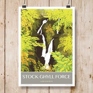 May include: A poster with a colorful illustration of Stock Ghyll Force waterfall in the Lake District. The waterfall is surrounded by lush green foliage and the poster has the text "Stock Ghyll Force" and "Lake District" printed on it.