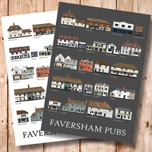 May include: A black and white illustration of a map of Faversham pubs. The map features the names of each pub and a small illustration of the pub's exterior.