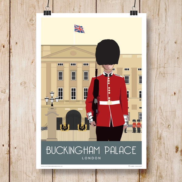 LONDRES. Impression d'art Travel/Railway Poster of London Scots Guard à l'extérieur de Buckingham Palace. A4, A3, A2, A1 en style rétro, art déco