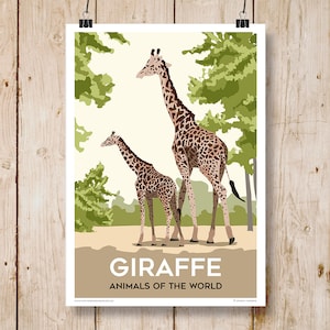 Giraffa, animali del mondo. Poster in stile viaggio disponibile nei formati A4, A3, A2, A1.