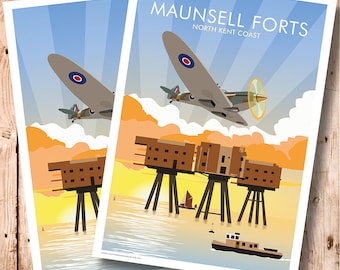 Spitfire Thames Estuary, North Sea, Kent. Art Deco design, Print. Travel Poster, Wall Art