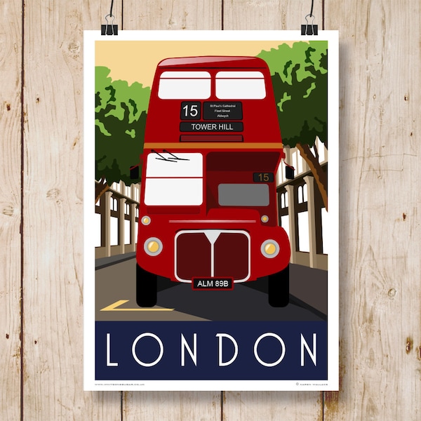 AUTOBUS DE LONDRES. Affiche de voyage du London Red Routemaster Bus. A4, A3, A2, A1. Impression d'art rétro