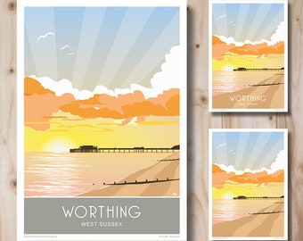 Worthing Pier, Beach, Sunset, Sussex, Portrait, in Retro, Art Deco style design