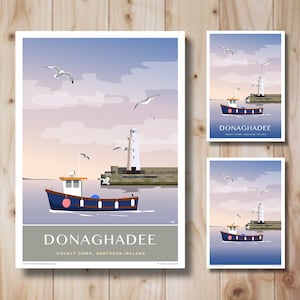 Donaghadee, Contea di Down, Irlanda del Nord. A4, A3, A2, A1. Poster di viaggio in stile Art Déco e retrò.