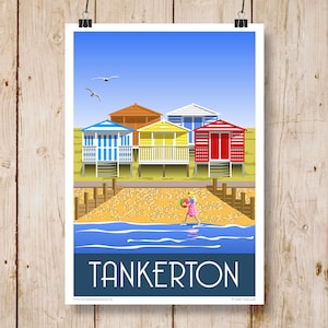 Tankerton Beach Huts, Whitstable, Kent. A4, A3, A2, A1 in Retro, Art Deco style design. Other sizes now available