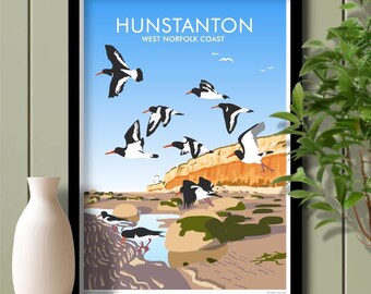 Oystercatchers Hunstanton Cliffs West Norfolk, Travel Poster, Art. Unframed print.