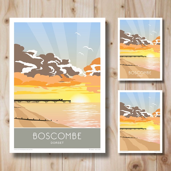 Boscombe Pier, Beach Sunrise, Portrait,  in Retro, Art Deco style design, Travel Poster, Print