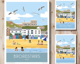 Broadstairs Beach Travel Print, Travel Poster, Beach Huts. Art Deco, Retro style. Wall Art, Art Print.