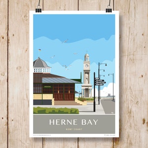 Herne Bay Clocktower and Bandstand, Kent. Travel style Poster. A4, A3, A2, A1. Other sizes now available