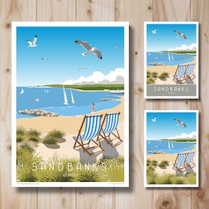Póster de viaje de Sandbanks, Poole, impresión de playa, Dorset. Impresión. Arte retro, impresión artística.