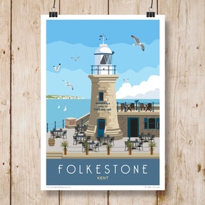 May include: A colourful illustration of a lighthouse on a pier with a cafe and the text "Weather is a third to place and time" and "Folkestone, Kent".
