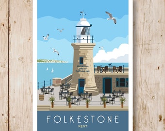 Folkestone Lighthouse, Champagne Bar, Harbour Arm, Harbour Approach . Travel poster of Folkestone. A4, A3, A2,A1